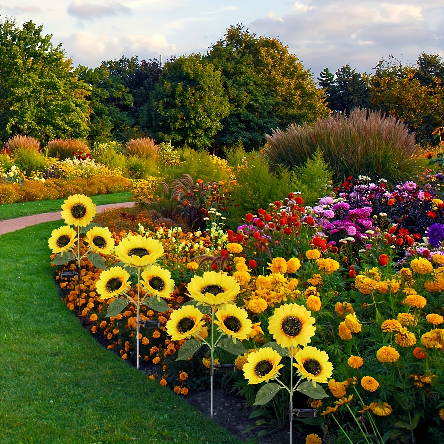 2 paquetes de luces solares de girasol para decoración de exteriores, con 3 luces LED de flores amarillas de girasol, decorativas para patio, césped, jardín, camino de decoración