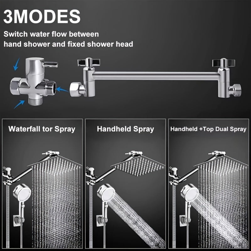 Cabezal de ducha, cabezal de ducha de lluvia de alta presión de 12 pulgadas/ducha de mano combinada con brazo de extensión de 11 pulgadas, cabezal de ducha antifugas ajustable de 9 configuraciones con soporte/manguera, altura/ángulo ajustables