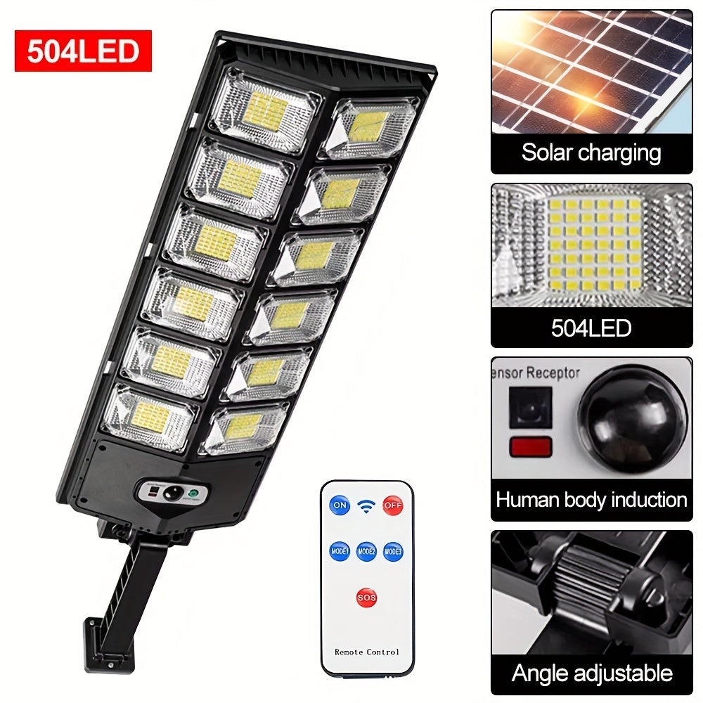 Aplique solar ultrabrillante 504LED: excepcionalmente potente, sensor de movimiento, control remoto, 3 modos, ideal para espacios al aire libre, calle, jardín, garaje, patio trasero, iluminación de seguridad de puerta principal