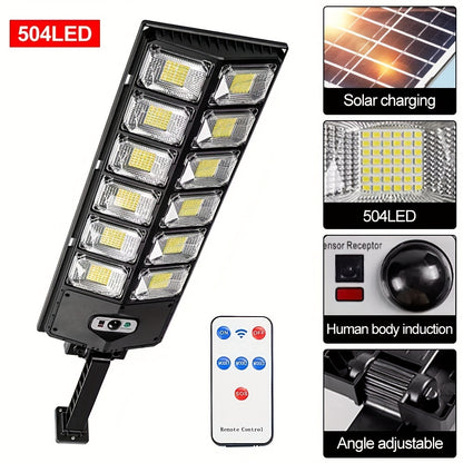 Luz solar de pared ultra brillante de 504 LED: excepcionalmente potente, sensor de movimiento, control remoto, 3 modos: ideal para espacios al aire libre, calles, jardines, garajes, patios traseros e iluminación de seguridad de puertas de entrada