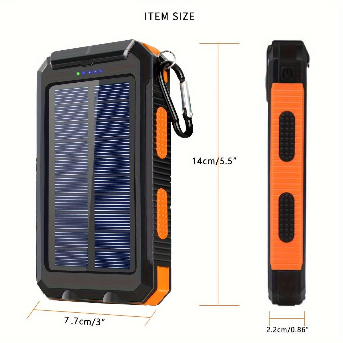 Cargador solar portátil de 10 000 mAh, cargador portátil para todos los dispositivos, de larga duración, para viajes y acampadas, linterna LED, mosquetón