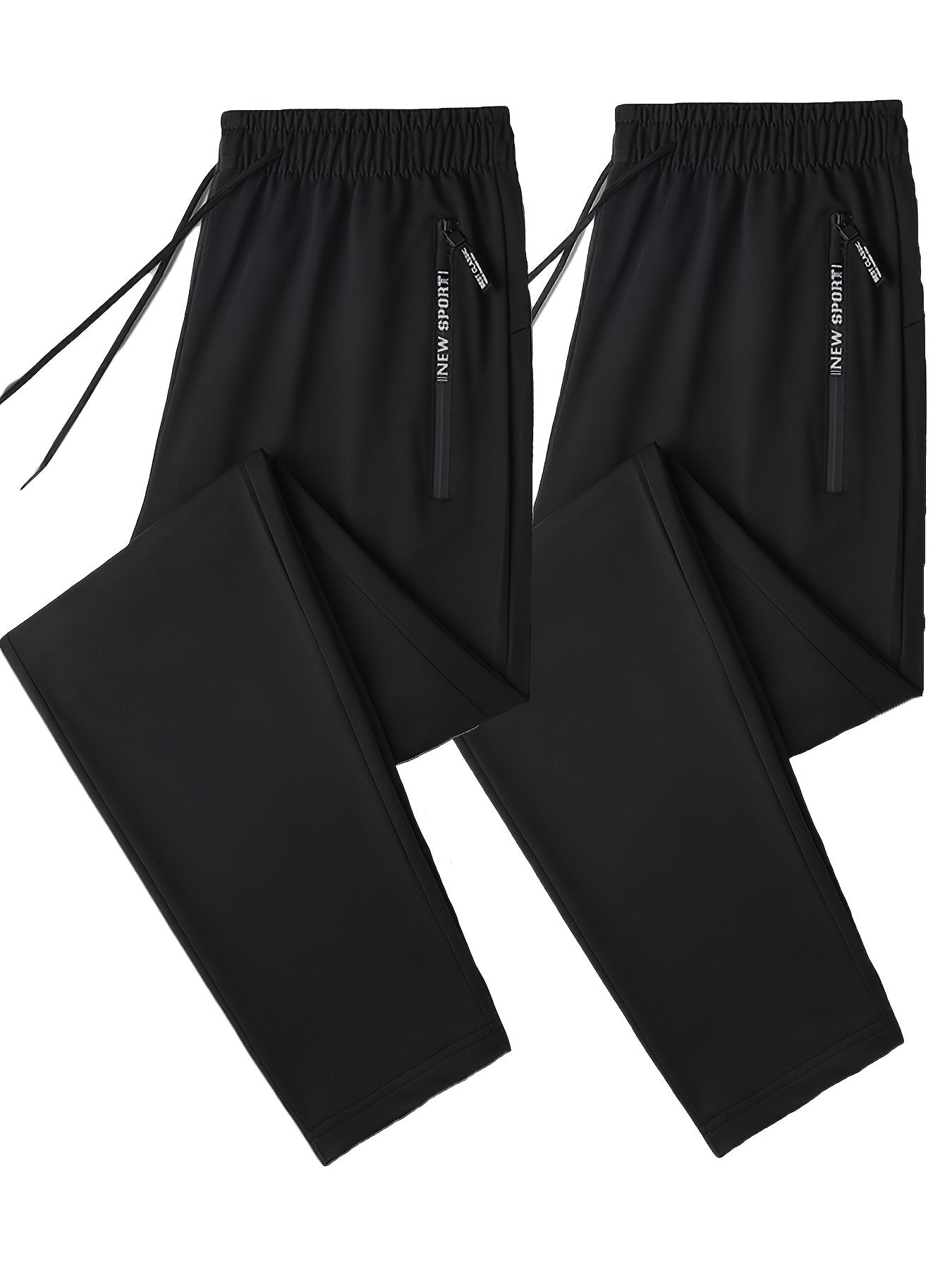 Conjunto de 2 pantalones deportivos lisos con puños y corte regular para hombre, bolsillos con cremallera y cordón con estampado de letras, pantalones deportivos para todas las estaciones, ropa deportiva y de gimnasio.