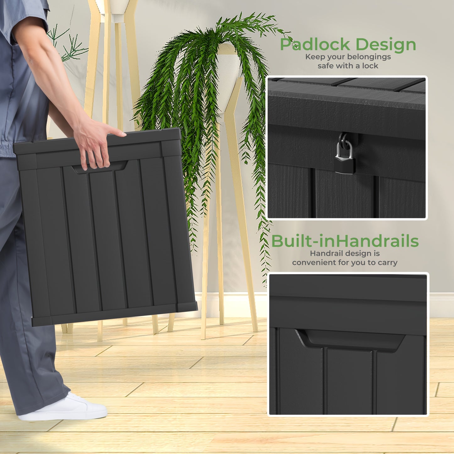 Caja de cubierta de 45 galones Almacenamiento al aire libre de resina Impermeable Resistente a los rayos UV Organización con cerradura para muebles de patio Suministros de piscina Cojines Herramientas de jardín Equipo deportivo Cajas de entrega de pa