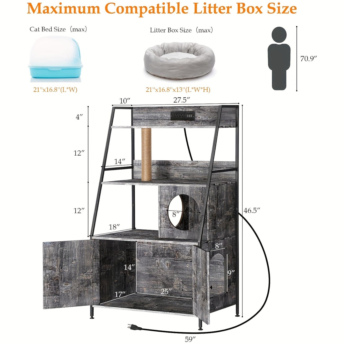 1 caja de arena para gatos con 2 estantes de almacenamiento, caja de arena oculta, muebles de caja de arena para gatos con estación de carga, baño para gatos con torre para gatos, mesa auxiliar para sala de estar, roble, gris oscuro