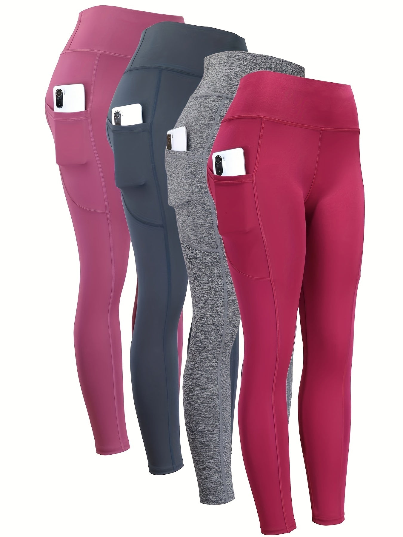 4 leggings de yoga de cintura alta con bolsillo - Sin costuras, levantamiento de glúteos y elásticos - Ropa deportiva para mujer - Para otoño e invierno Pretina ancha