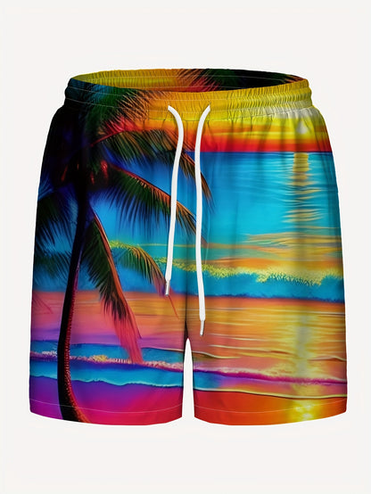 Pantalones cortos con cordón y estampado digital de cocoteros y mar para hombre, elegantes, para fiesta en la playa de verano, pantalones cortos de una sola capa sin forro de malla.