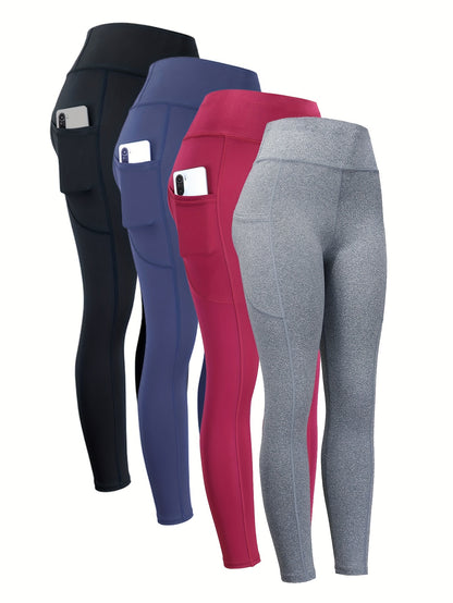 4 leggings de yoga de cintura alta con bolsillo - Sin costuras, levantamiento de glúteos y elásticos - Ropa deportiva para mujer - Para otoño e invierno Pretina ancha