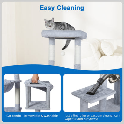 Torre para gatos de 42,5 pulgadas, árbol alto para gatos de interior, poste rascador para gatos con hamaca, casas para gatos de interior, torre para gatos grandes, gris