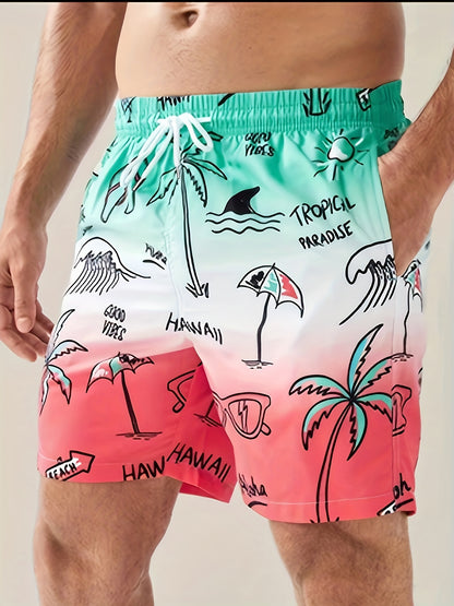 Sketch Pantalones cortos hawaianos de secado rápido para hombre con bolsillos, bañador informal con cordón gráfico para vacaciones de verano, playa, piscina al aire libre