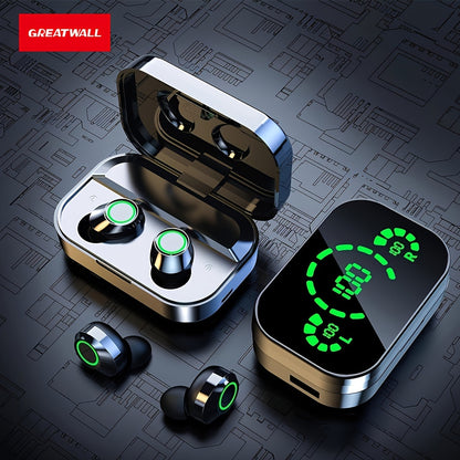 GREATWALL 2024 Auriculares inalámbricos inteligentes de triple pantalla: pantalla digital LED, elegante diseño de espejo, auriculares de audio de alta definición, auriculares negros de moda, perfectos para deportes y juegos