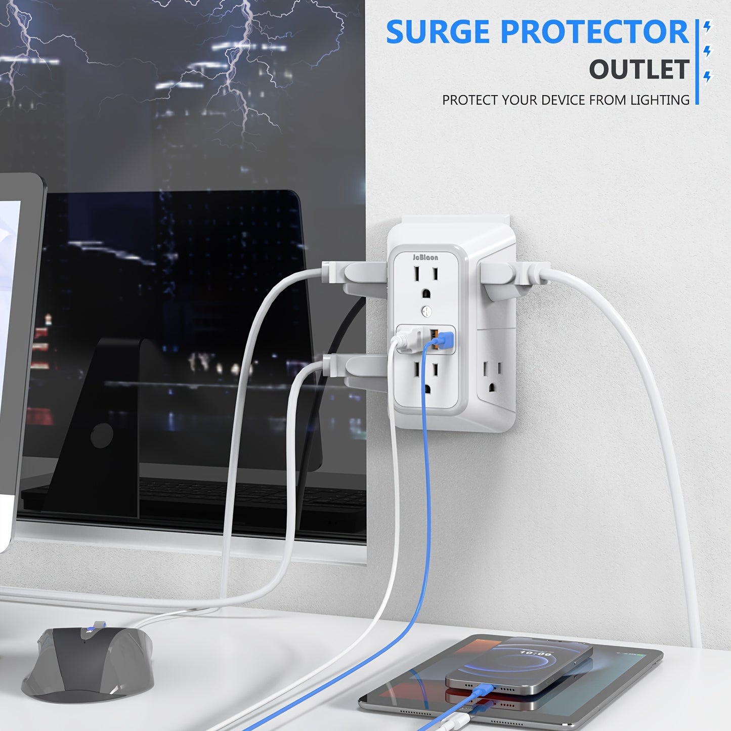 JcBlaon Protector contra sobretensiones de 6 tomacorrientes con 4 puertos USB - Cargador de pared para el hogar, la oficina, viajes | Diseño de enchufe múltiple