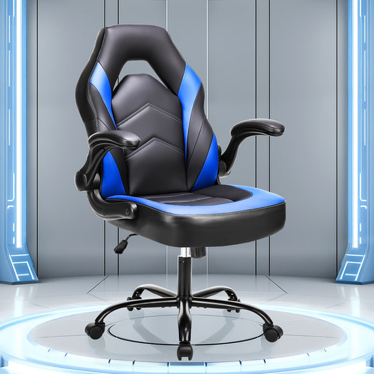 Silla ergonómica para juegos de computadora, silla de escritorio de oficina en casa con soporte lumbar de cuero de PU, silla para juegos de altura ajustable, videojuego grande y alto con apoyabrazos abatible, ruedas giratorias para adultos y adolesce