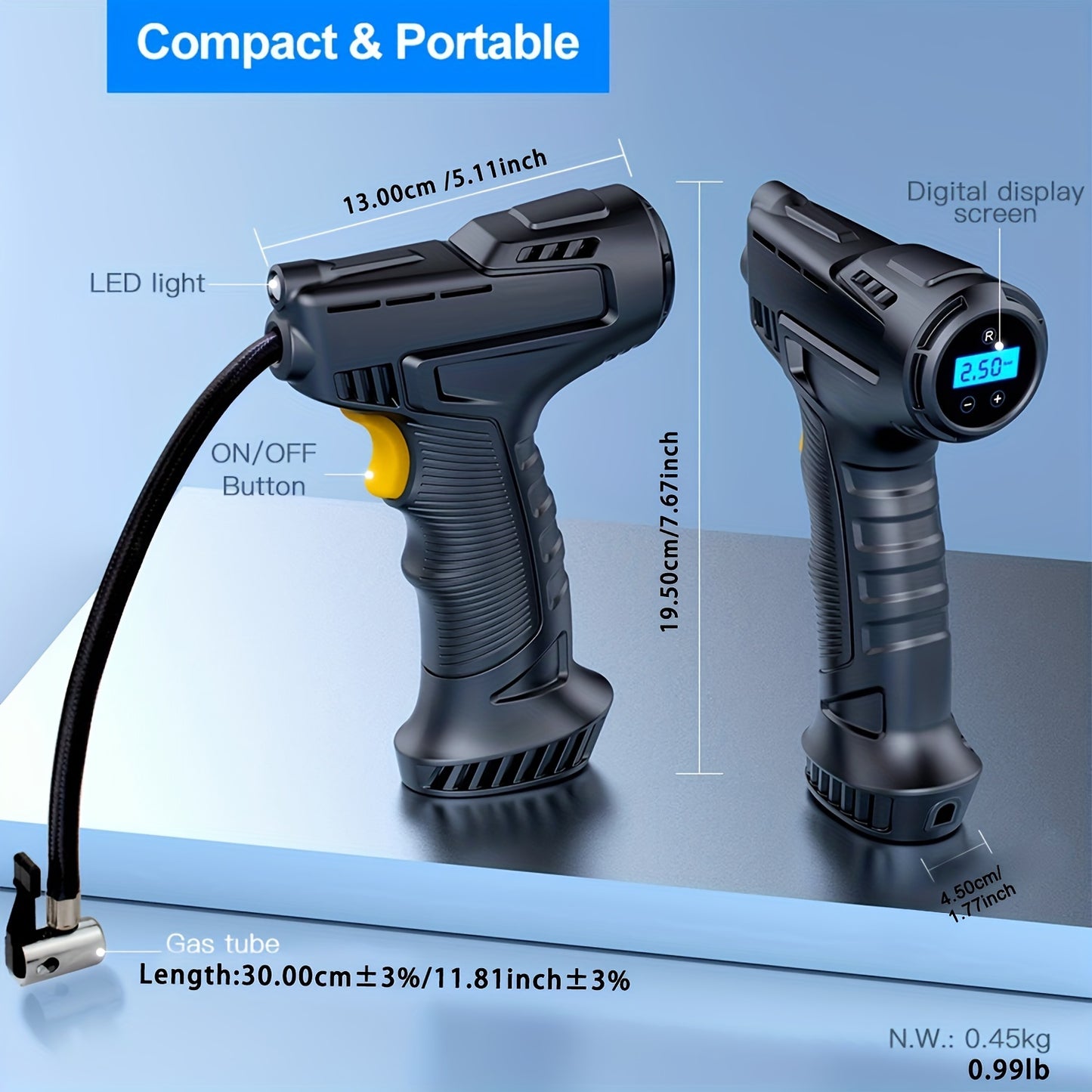 1 unidad de inflador de neumáticos, compresor de aire portátil, bomba de aire para coche con pantalla digital, luz LED, juego de adaptadores de boquilla para coche, motocicleta, bicicleta, bola