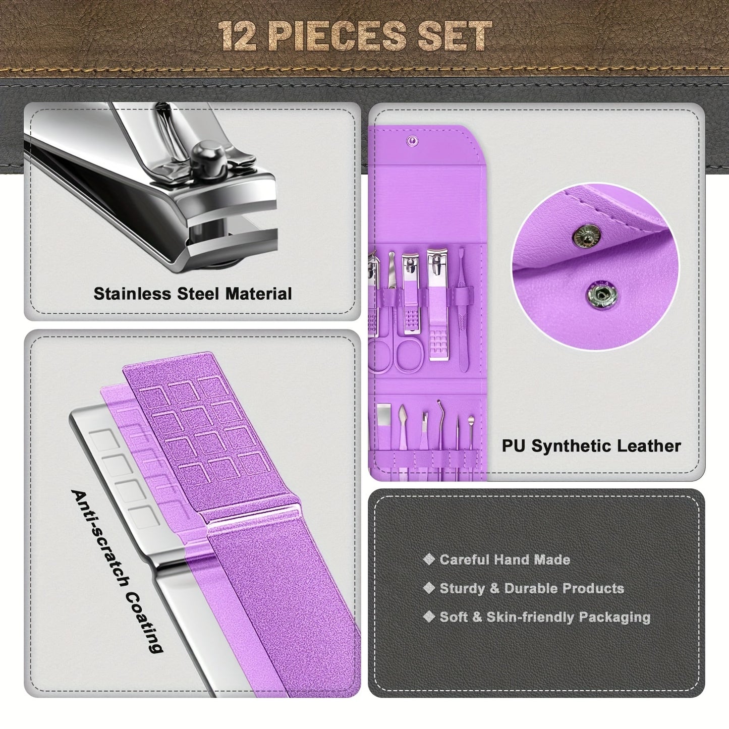 Juego de manicura y pedicura, cortaúñas profesional, kit de manicura para mujeres y hombres, morado