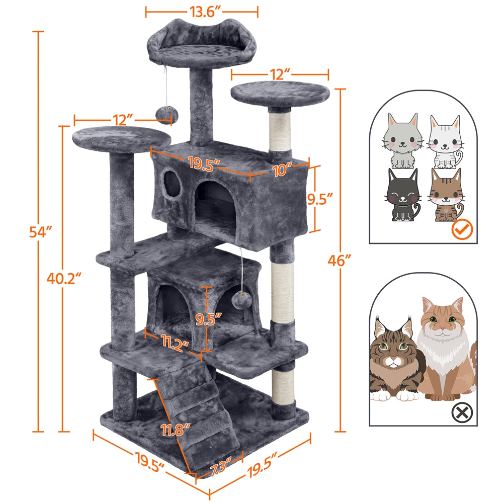 Árbol para gatos Costoffs de 54 pulgadas, torre para gatos con 2 conos, 2 bolas colgantes y 3 postes para rascar, casa grande para gatos y gatitos