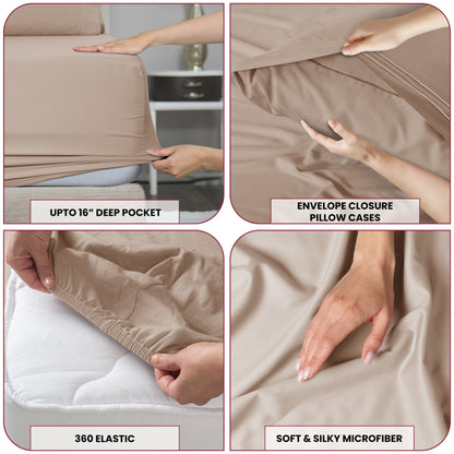 Sábanas lisas de 4 piezas Lux Decor - Juego de cama elegante y cómodo - Sábanas refrescantes de lujo para hotel que respetan la piel y fundas de almohada bordadas sin relleno - Colección clásica con bolsillo profundo de 16 pulgadas - Microfibra cepillada