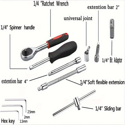 Juego de 46 llaves de trinquete con unidad de 1/4 pulg., con juego de llaves de vaso con punta métrica y barra de extensión para reparación de automóviles y hogar, con estuche de almacenamiento