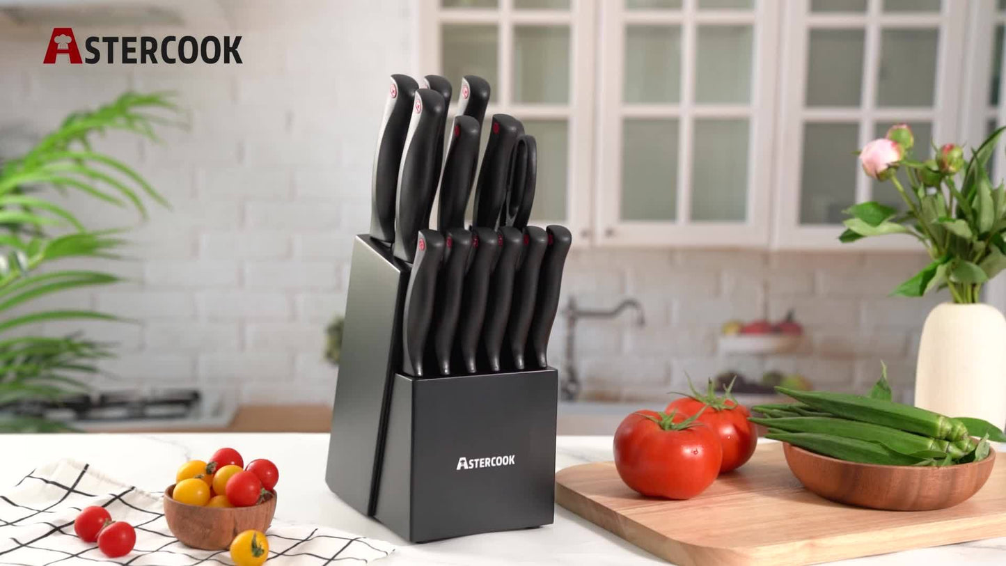 Astercook Juego de cuchillos de 15 piezas con bloque afilador - Acero inoxidable alemán, cuchillos de cocina aptos para lavavajillas con afilador incorporado, negro