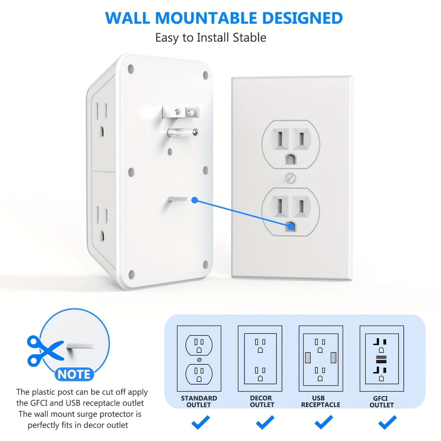 JcBlaon Protector contra sobretensiones de 6 tomacorrientes con 4 puertos USB - Cargador de pared para el hogar, la oficina, viajes | Diseño de enchufe múltiple.