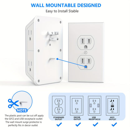 JcBlaon Protector contra sobretensiones de 6 tomacorrientes con 4 puertos USB - Cargador de pared para el hogar, la oficina, viajes | Diseño de enchufe múltiple