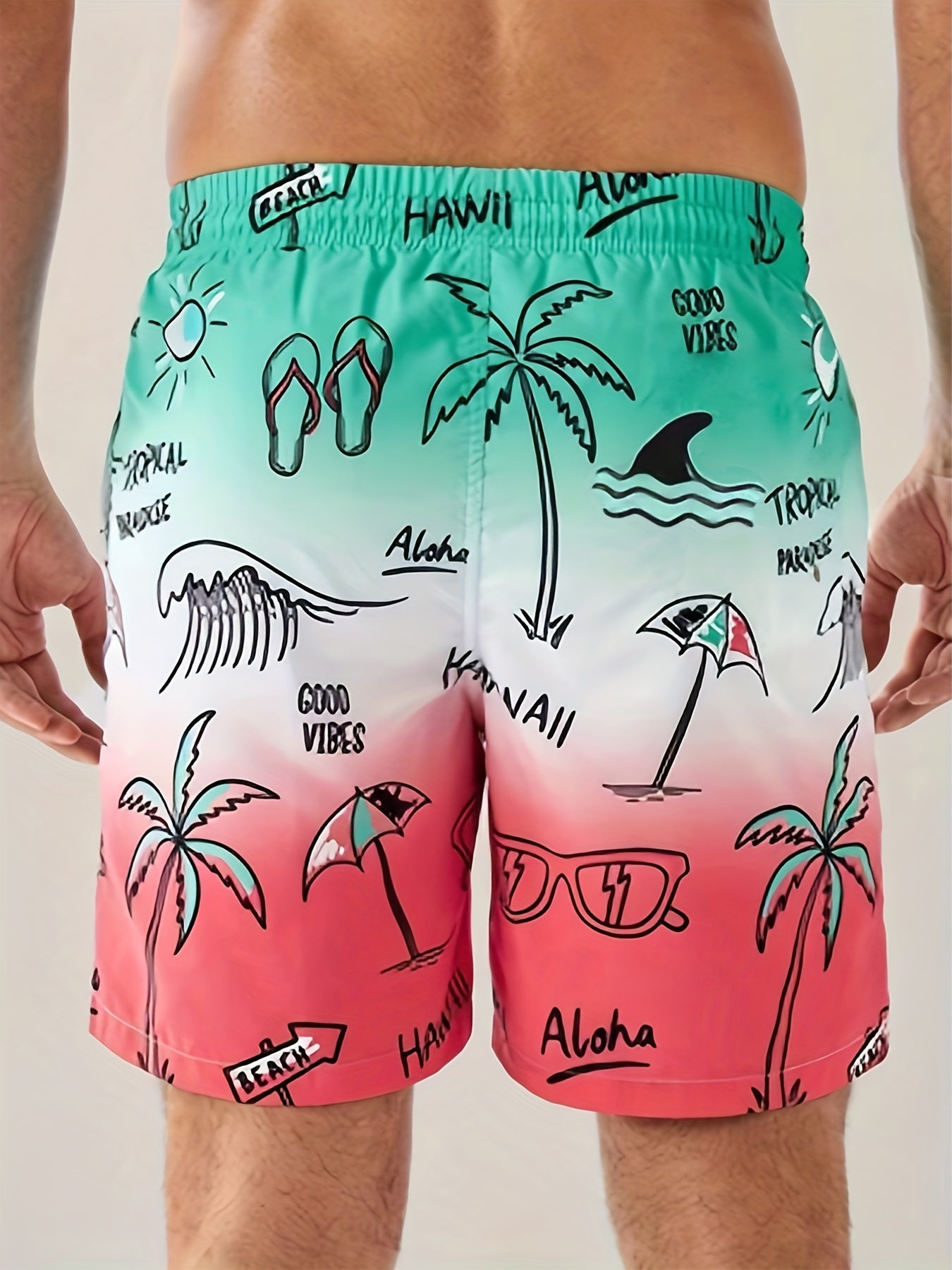 Sketch Pantalones cortos hawaianos de secado rápido para hombre con bolsillos, bañador informal con cordón gráfico para vacaciones de verano, playa, piscina al aire libre