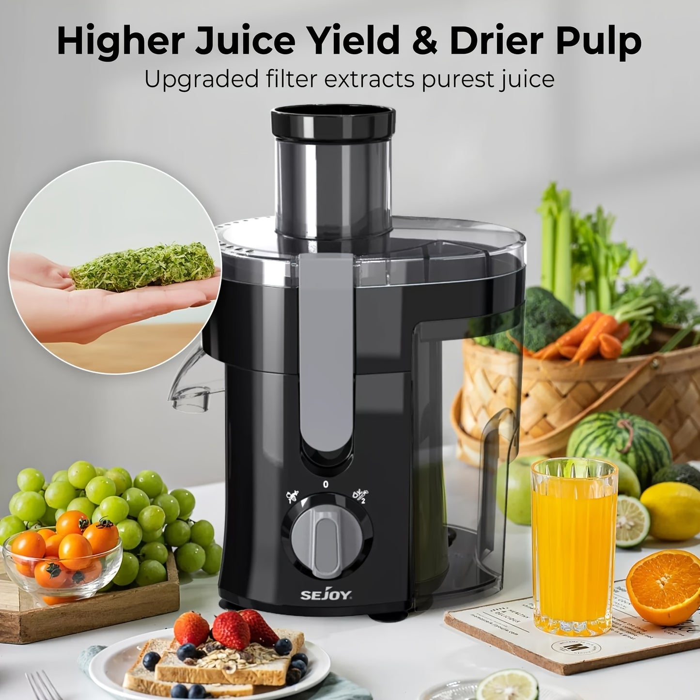 Máquina exprimidora, extractor centrífugo compacto: máquina exprimidora de velocidad para frutas y verduras, extractor centrífugo, funcionamiento, alto rendimiento de jugo, Múltiples características de seguridad, sin BPA, negro y verde