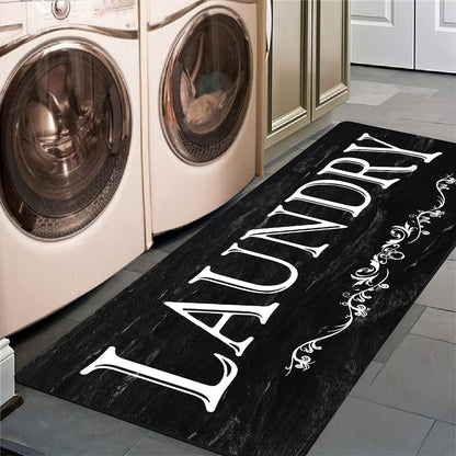 1 alfombra con patrón de texto en blanco y negro, suave y cómoda, impermeable, antideslizante, para cocina, sala de estar, dormitorio, absorbente, lavable a máquina, para cocina, pasillo, baño, lavandería