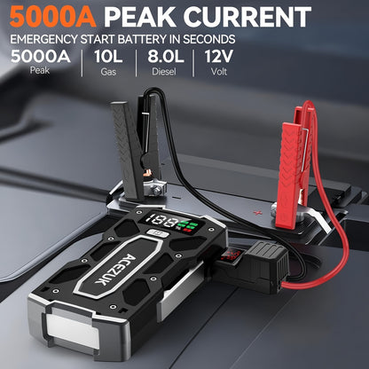 Arrancador de batería de coche 5000A Jump Box (10,0 L de gasolina/8,0 L diésel), paquete de batería de arranque de coche portátil con cables de puente inteligentes extendidos, carga rápida, pantalla grande, luces