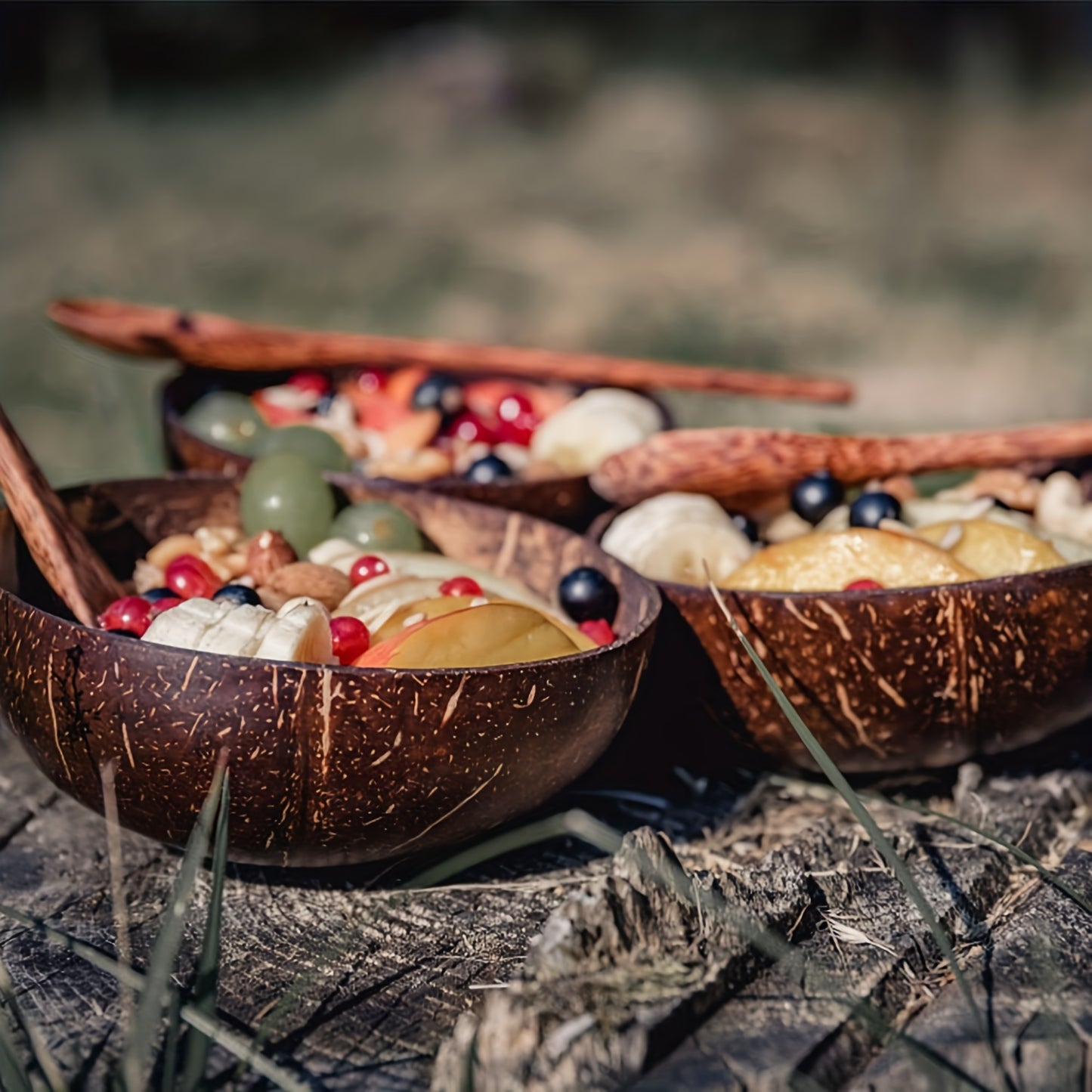 Juego de ensaladera de 4 piezas, incluye 2 tazones de coco y 2 cucharas de madera, para cocina casera, restaurante, suministros de cocina.