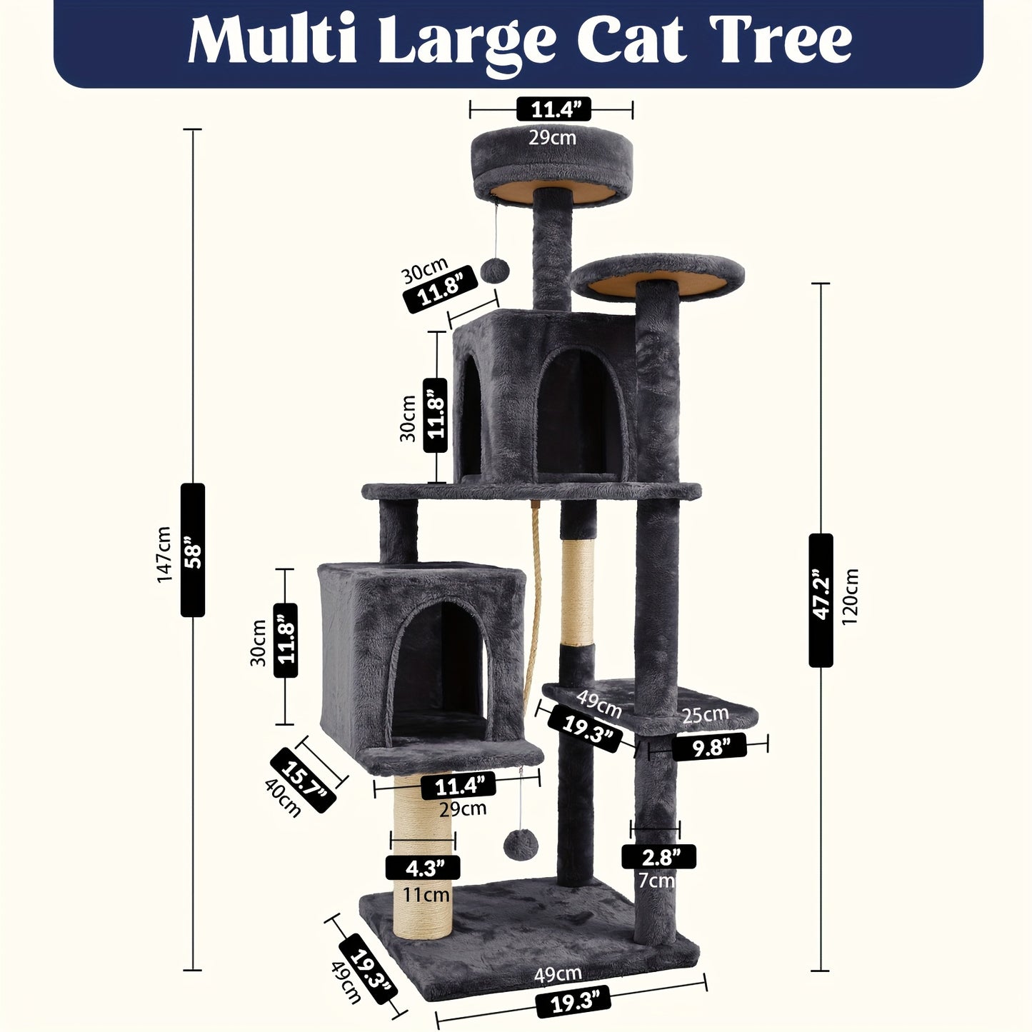 Árbol para gatos grande, torre para gatos de interior, casa para gatos con pelota colgante, poste rascador de sisal para gatos, gris oscuro