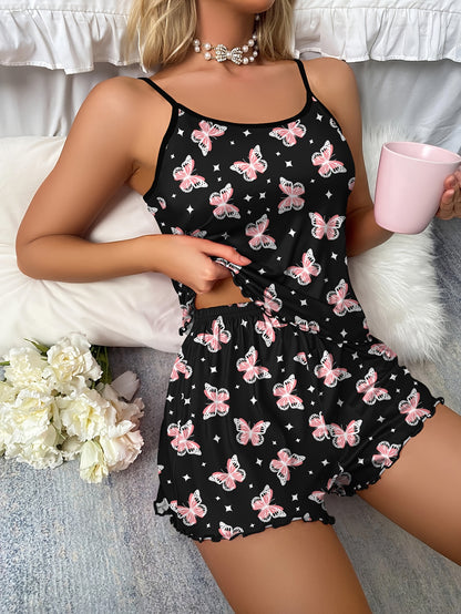 Conjunto de pijama con estampado de mariposas, camiseta sin mangas con ribete en forma de lechuga y pantalones cortos con cintura elástica, ropa de dormir y ropa de estar por casa para mujer