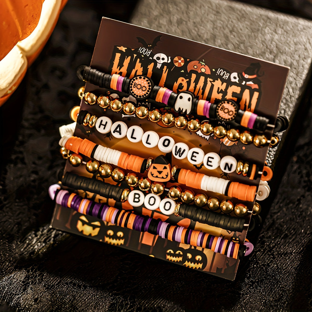 Nuevo ambiente transfronterizo de 7 piezas, conjunto de Halloween, pulsera con cuentas de arcilla polimérica con cabeza Retro picante y fresca de calabaza