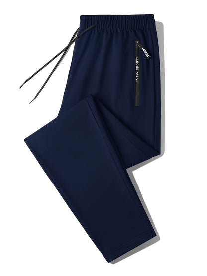 Conjunto de 2 pantalones deportivos lisos con puños y corte regular para hombre, bolsillos con cremallera y cordón con estampado de letras, pantalones deportivos para todas las estaciones, ropa deportiva y de gimnasio