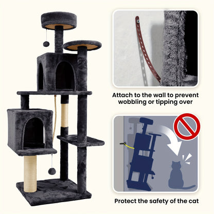 Torre grande para gatos con árbol para gatos de interior, casa para gatos con juguete de bola colgante, poste rascador de sisal para gatos, gris oscuro