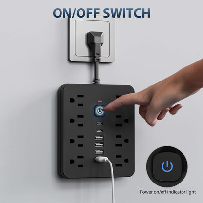 1 regleta multifuncional con interruptor y protección contra sobretensiones. Equipado con 8 tomas de corriente, 4 USB y 2 TYPE-C. Toma de corriente 14 en 1 para oficina, hogar y viajes. En blanco y negro.