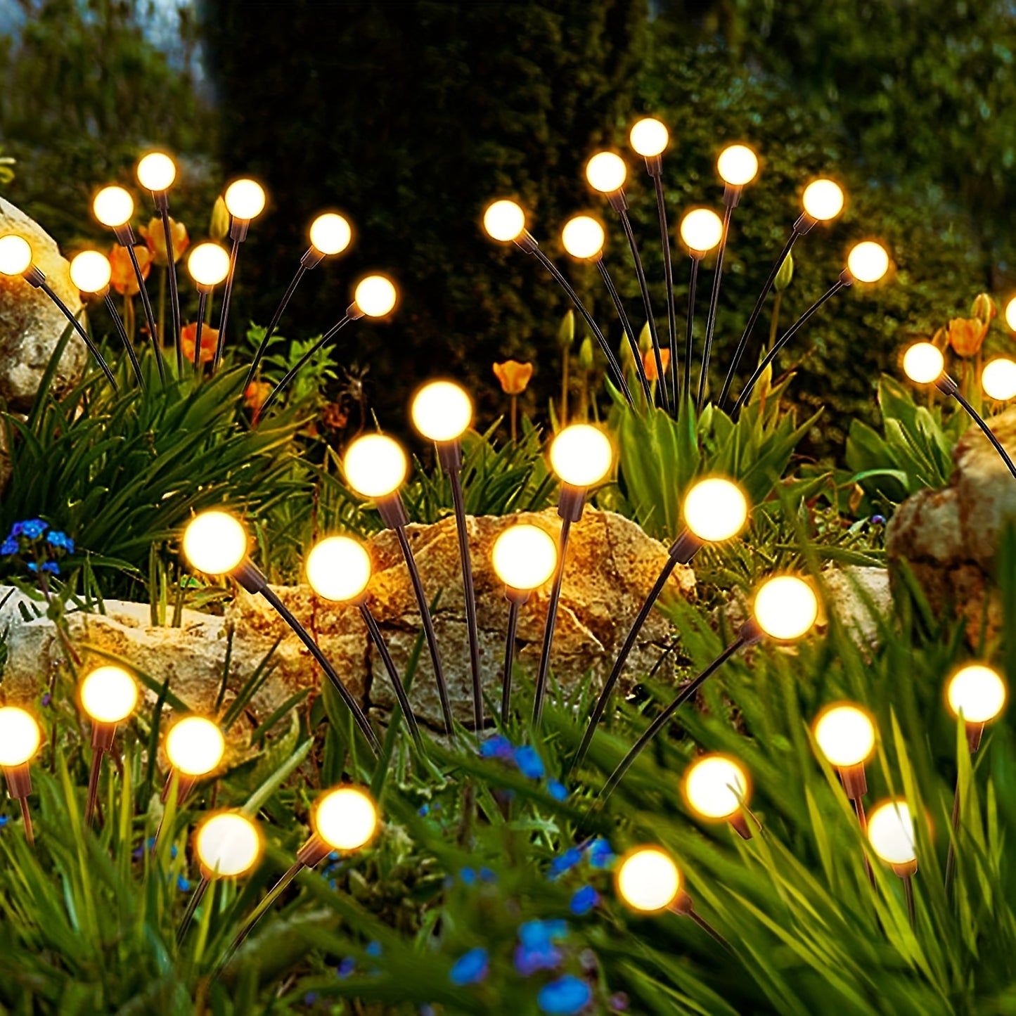 Paquete de 2 luces solares para jardín: nueva luz solar oscilante mejorada, que se balancea con el viento, luces solares para exteriores, decoración de patio, alambre de hierro de alta flexibilidad y base de bombilla resistente, blanco cálido