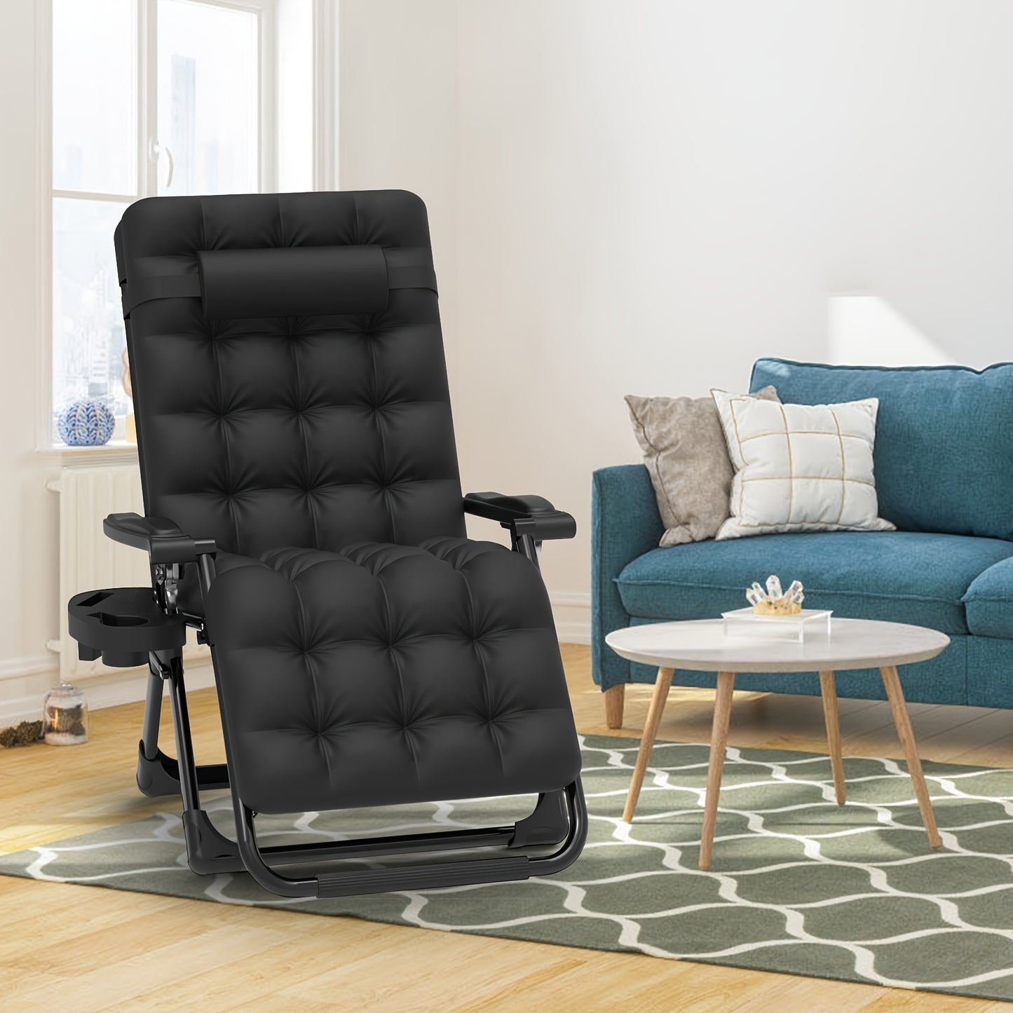 Sillón reclinable Zero Gravity con bloqueo mejorado y cojín extraíble, silla de camping reclinable con bandeja portavasos y reposacabezas, sillas de patio reclinables plegables para interiores y exteriores