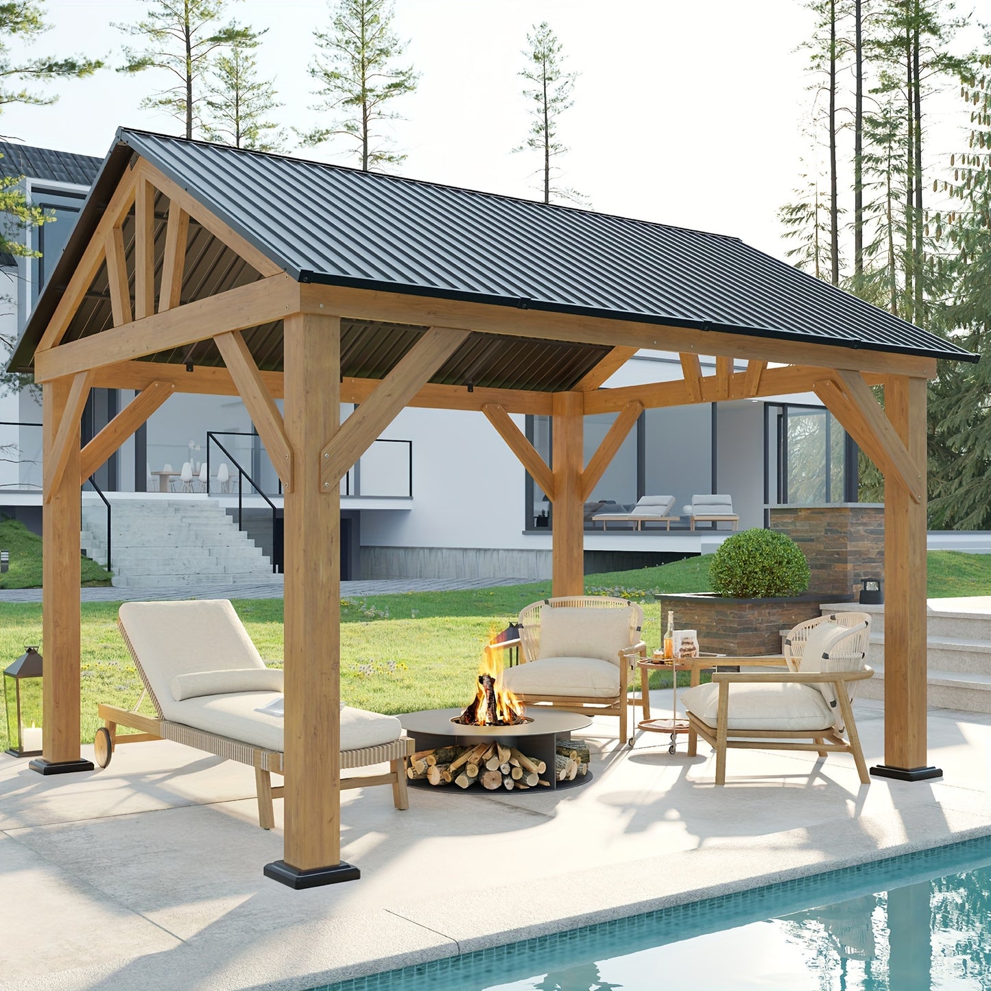 Gazebo de madera, cenador de techo rígido con techo a dos aguas de acero metálico, cenador al aire libre con casa de huéspedes para jardín, patio, porche,