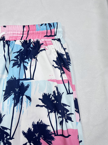 Pantalones cortos de playa para hombre con estampado de árbol de coco, secado rápido con cordón, ligeros para vacaciones de verano en la playa y surf