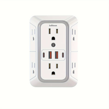 JcBlaon Protector contra sobretensiones de 6 tomacorrientes con 4 puertos USB - Cargador de pared para el hogar, la oficina, viajes | Diseño de enchufe múltiple.