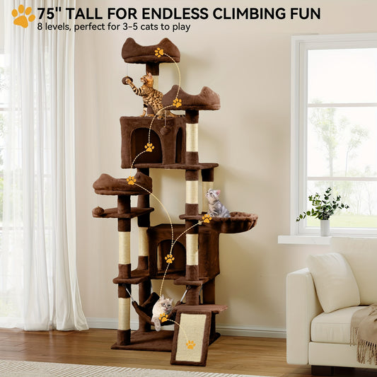 Torre para gatos de interior Gardnfun, torre de escalada de varios niveles de 75 pulgadas de alto con condominios para gatos, perchas superiores, hamaca, postes y tablero para rascar de sisal, centro de actividades de juego para gatitos, marrón