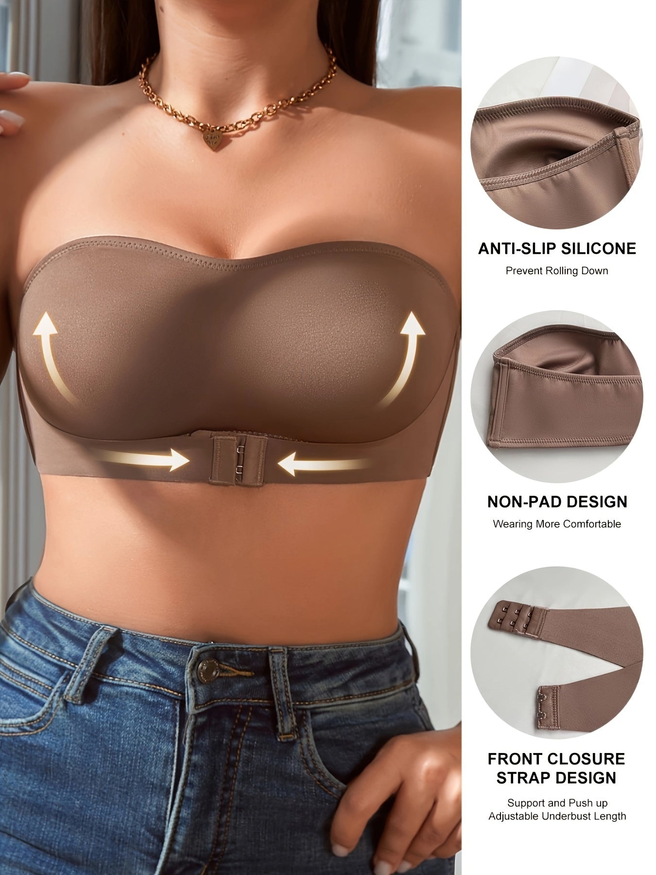 Sujetador sin tirantes con hebilla delantera, sujetador bandeau inalámbrico sin relleno, lencería y ropa interior para mujer