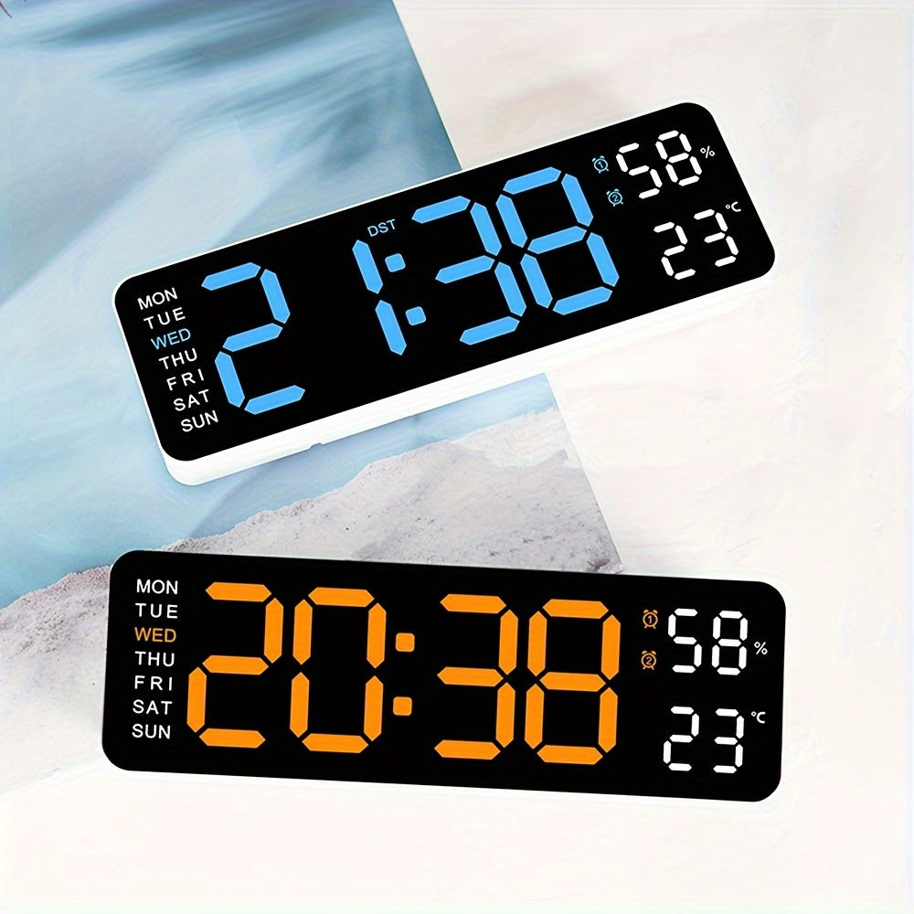 Reloj Digital de Pared, Visualización de Temperatura y Humedad, Brillo Ajustable, con Alarma Electrónica LED de Mesa, 12/24H para Decoración del Hogar