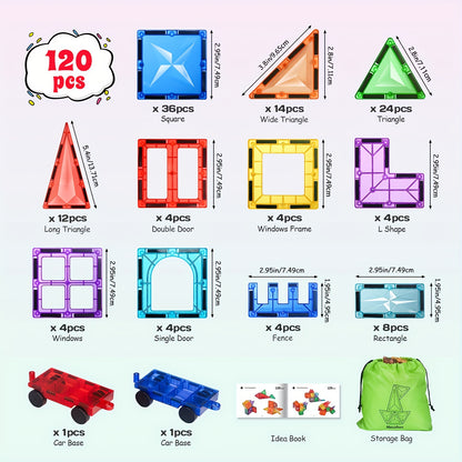 Juego de 120 piezas de azulejos magnéticos de lujo con 2 coches, bloques de construcción de azulejos magnéticos de diamante 3D, juguetes Montessori para 3 a 8 años, juguetes educativos sensoriales para niños preescolares STEM, regalo de Navidad y Hal