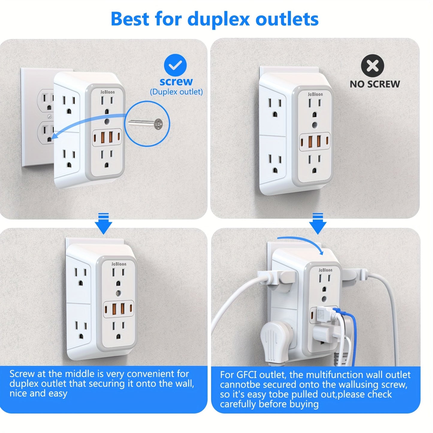 JcBlaon Protector contra sobretensiones de 6 tomacorrientes con 4 puertos USB - Cargador de pared para el hogar, la oficina, viajes | Diseño de enchufe múltiple