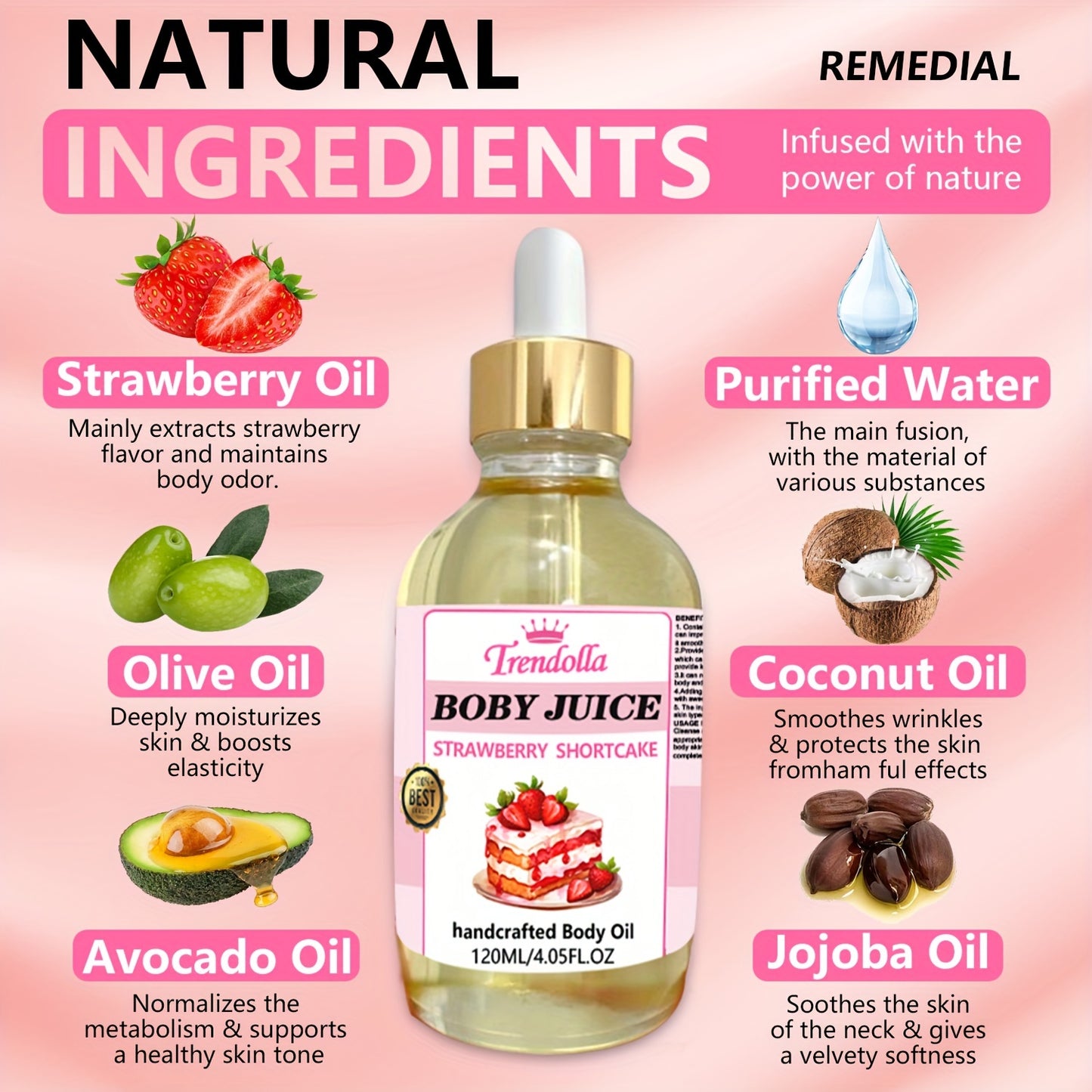 Aceite de jugo corporal de tarta de fresa, aceite corporal hecho a mano con extracto de fresa, aceite de jojoba, aceite de coco, aceite de aguacate y aceite de oliva