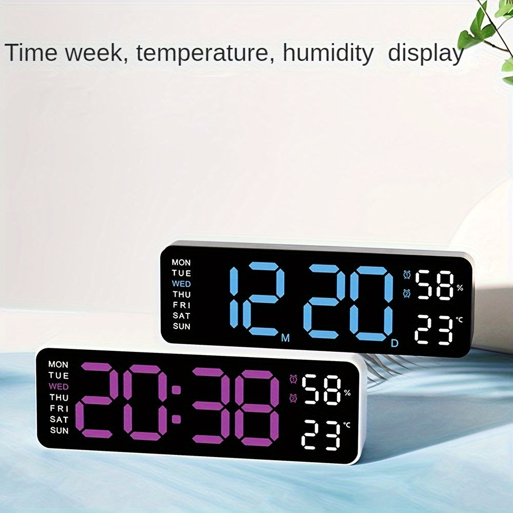 Reloj Digital de Pared, Visualización de Temperatura y Humedad, Brillo Ajustable, con Alarma Electrónica LED de Mesa, 12/24H para Decoración del Hogar