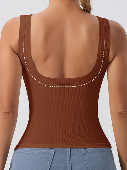 Camisetas sin mangas con espalda en U acanaladas de 3 piezas para mujer con almohadillas extraíbles, corte entallado, colores sólidos, camisolas informales, en capas y para exteriores