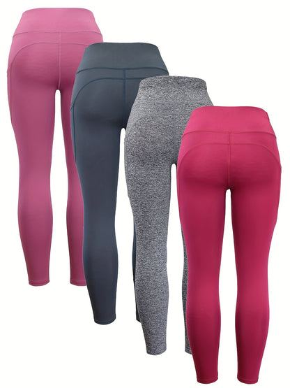 4 leggings de yoga de cintura alta con bolsillo - Sin costuras, levantamiento de glúteos y elásticos - Ropa deportiva para mujer - Para otoño e invierno Pretina ancha