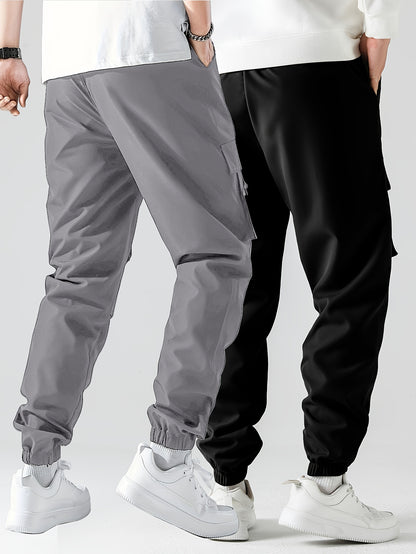 2 piezas de jogging tipo cargo con diseño de cara sonriente y elegante para hombres con bolsillos, ropa inferior informal con cordón transpirable para hombres para caminar por la ciudad, colgar en la calle y actividades al aire libre